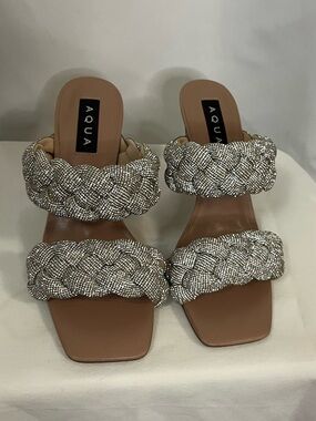 Aqua Silver Crystal Bling Braided Double-Strap Slide Heels
